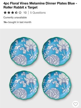 Roller Rabbit Blue and White Floral Scalloped Melamine Dinner Plates (Set of 4)